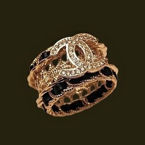 CC Unique Gold & Black Logo Fashion Crystal Ring